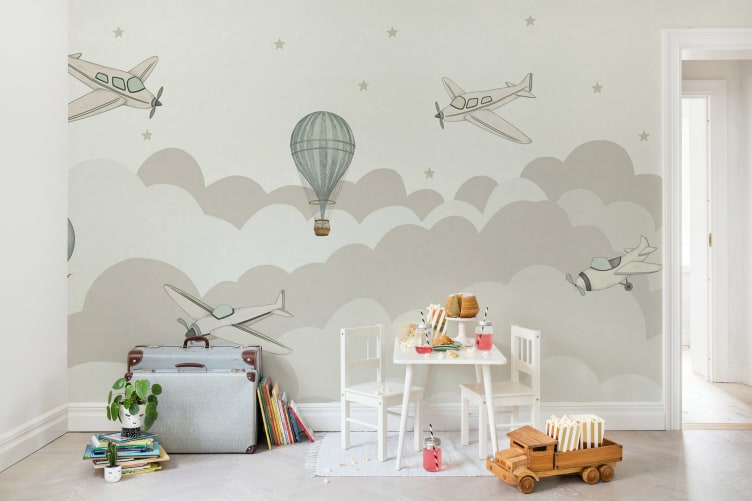 Rebel Walls R18930 Pops Fly Away Pastel - mural dziecięcy w chmury i samoloty