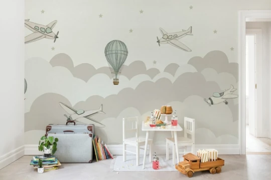 Rebel Walls R18930 Pops Fly Away Pastel - mural dziecięcy w chmury i samoloty