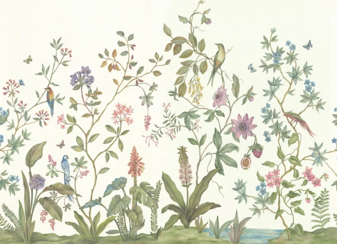 Rebel Walls R19501 Pops Chinoiserie White - mural w rośliny i ptaki w stylu chinoiserie