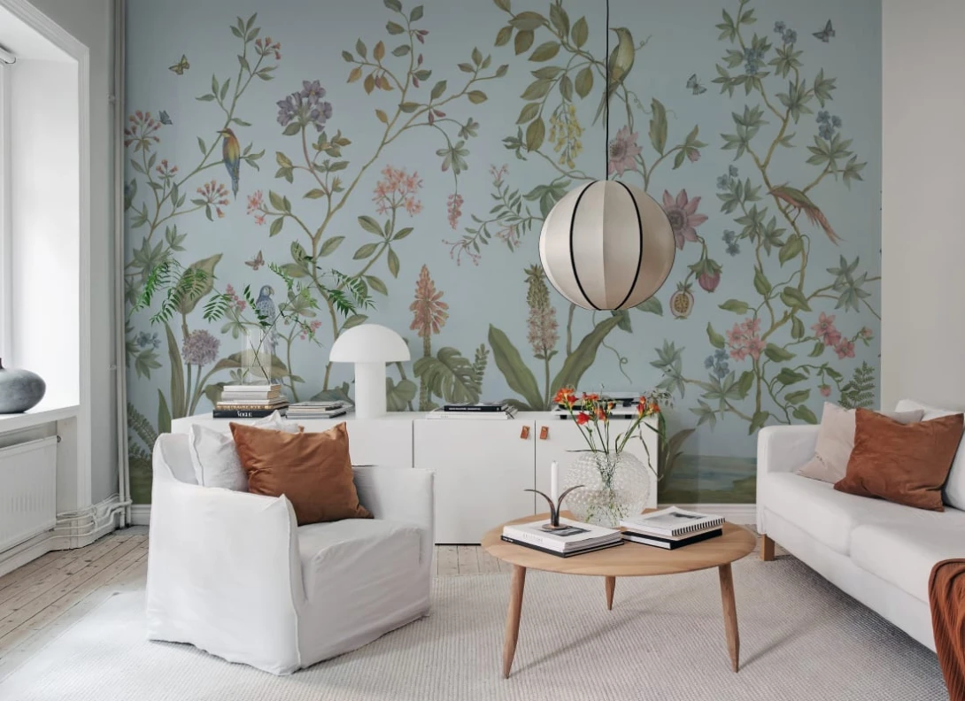 Rebel Walls R19503 Pops Chinoiserie Blue - mural w rośliny i ptaki w stylu chinoiserie