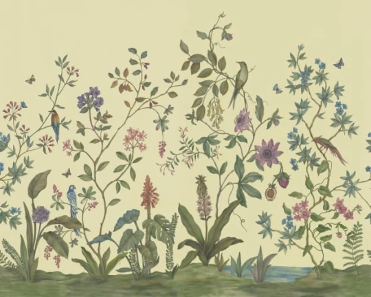 Rebel Walls R19504 Pops Chinoiserie Yellow - mural w rośliny i ptaki w stylu chinoiserie