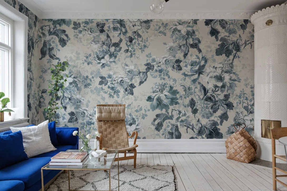 Rebel Walls R19507 Pops Roses Blue - mural w pnącza róż
