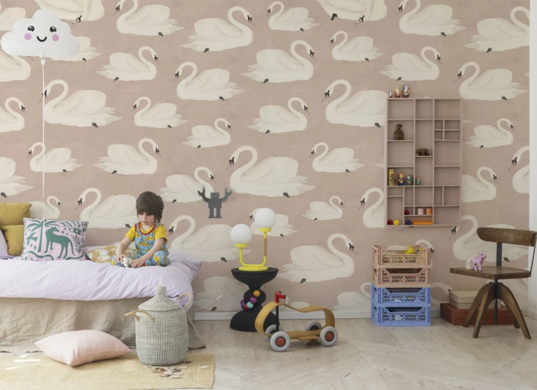 Rebel Walls R19572 Pops Whooper Swan Soft Pink - mural w łabędzie