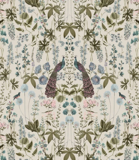 Rebel Walls R19592 Pops Peacock Garden Beige - mural w pawie i kwiaty