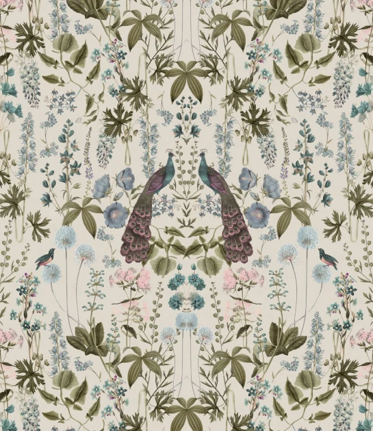 Rebel Walls R19592 Pops Peacock Garden Beige - mural w pawie i kwiaty