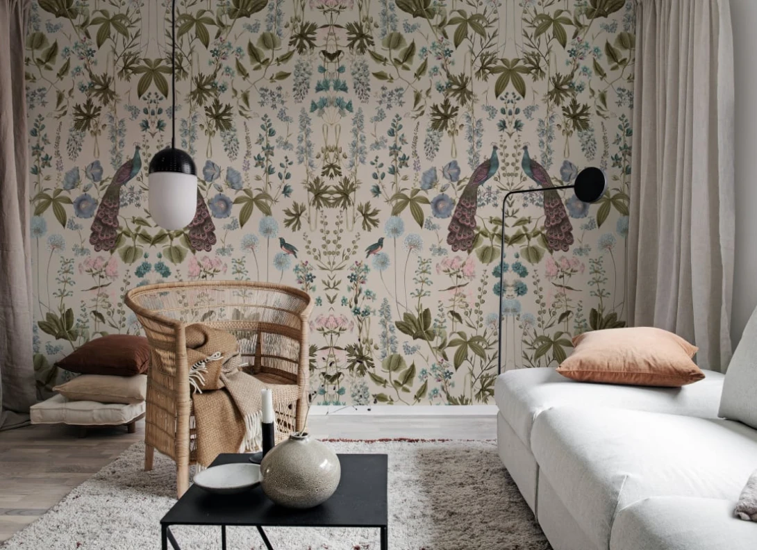Rebel Walls R19592 Pops Peacock Garden Beige - mural w pawie i kwiaty