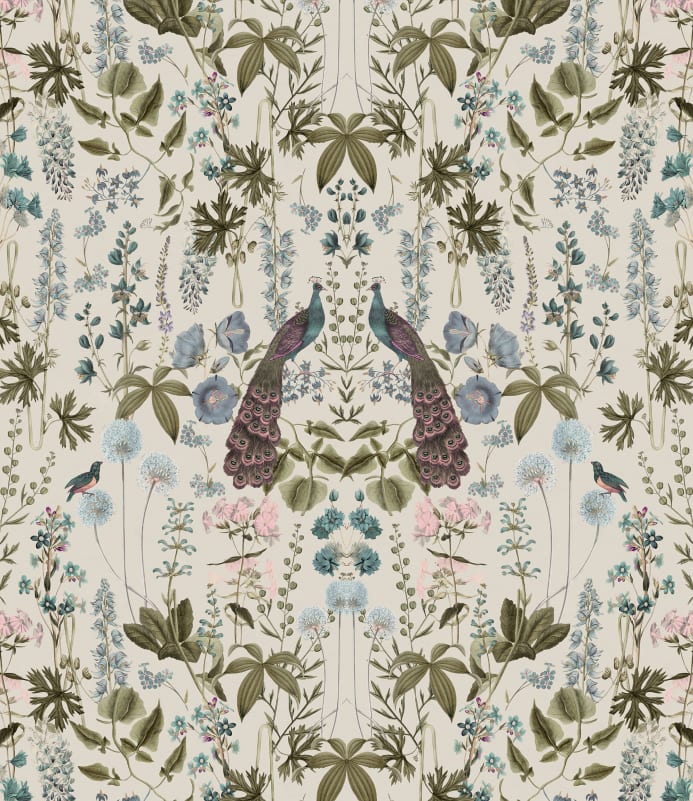 Rebel Walls R19592 Pops Peacock Garden Beige - mural w pawie i kwiaty