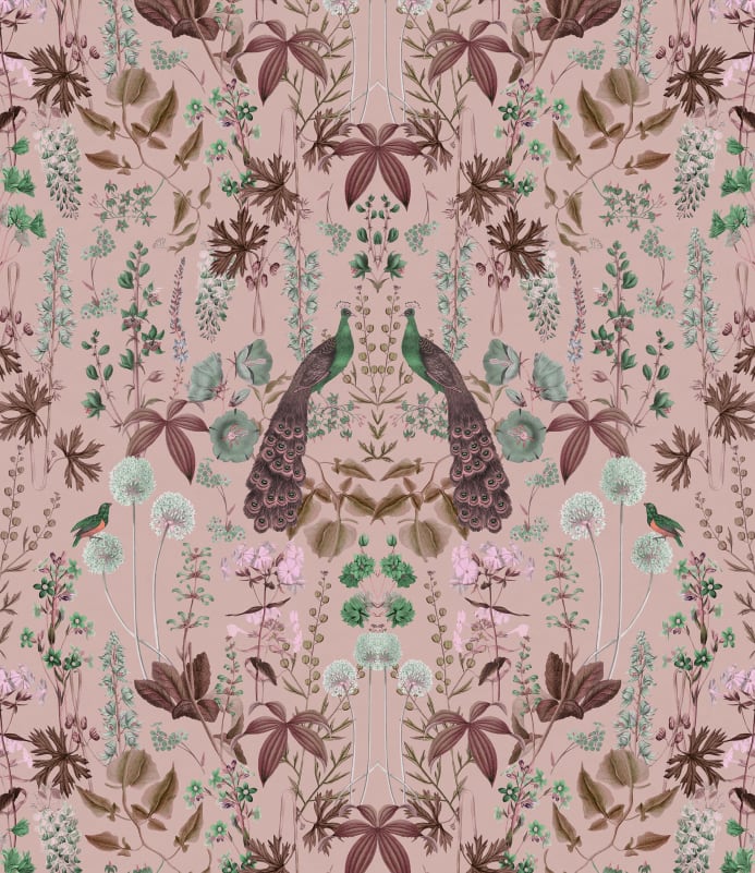 Rebel Walls R19594 Pops Peacock Garden Pink - mural w pawie i rośliny