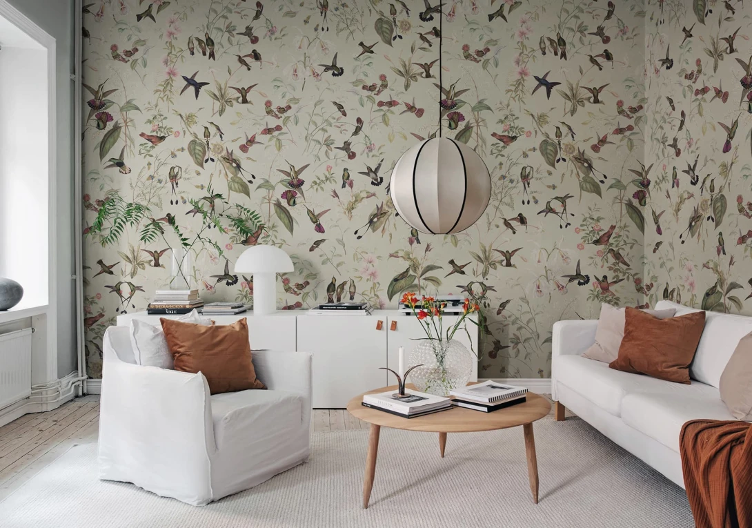 Rebel Walls R19670 Pops Hummingbird Sand - mural w kolibry i kwiaty