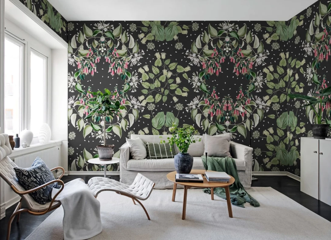 Rebel Walls R19671 Pops Lotus Black - mural w pnącza kwiatów