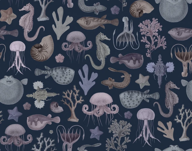 Rebel Walls R19694 Pops Sea Life Navy Blue - mural w morskie zwierzęta