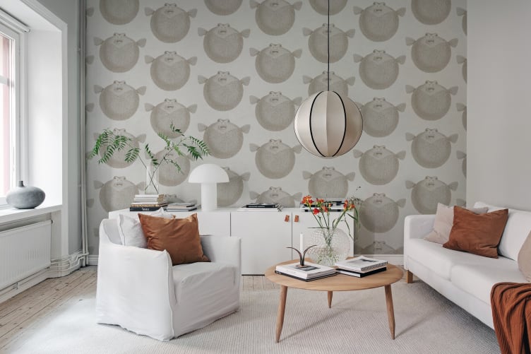 Rebel Walls R19726 Pops Puffer Fish White - mural w ryby rozdymki