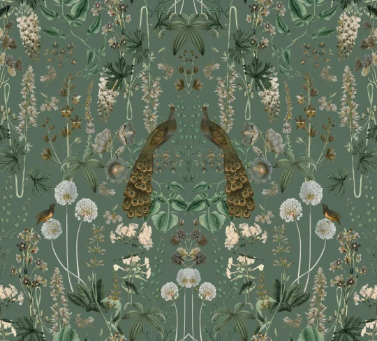Rebel Walls R19877 Pops Peacock Garden Green - mural w pawie i kwiaty