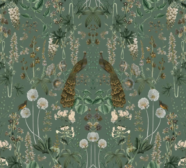 Rebel Walls R19877 Pops Peacock Garden Green - mural w pawie i kwiaty