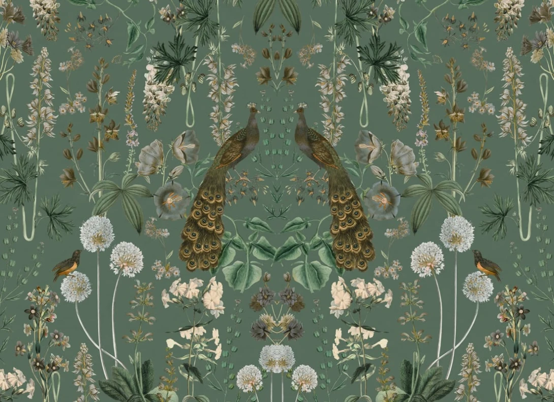 Rebel Walls R19877 Pops Peacock Garden Green - mural w pawie i kwiaty