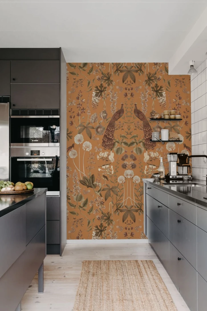 Rebel Walls R19878 Pops Peacock Garden Ocher - mural w pawie i kwiaty