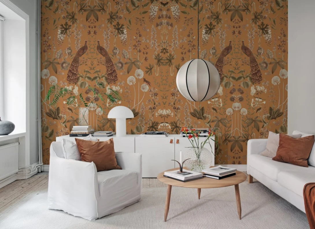 Rebel Walls R19878 Pops Peacock Garden Ocher - mural w pawie i kwiaty