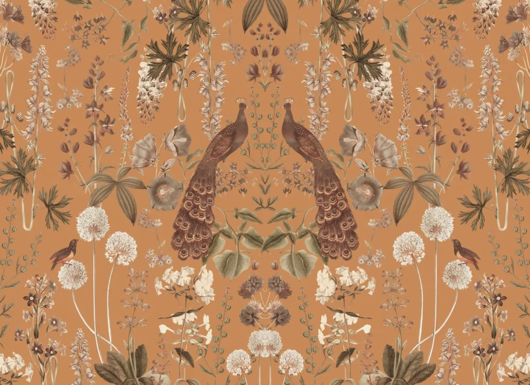 Rebel Walls R19878 Pops Peacock Garden Ocher - mural w pawie i kwiaty