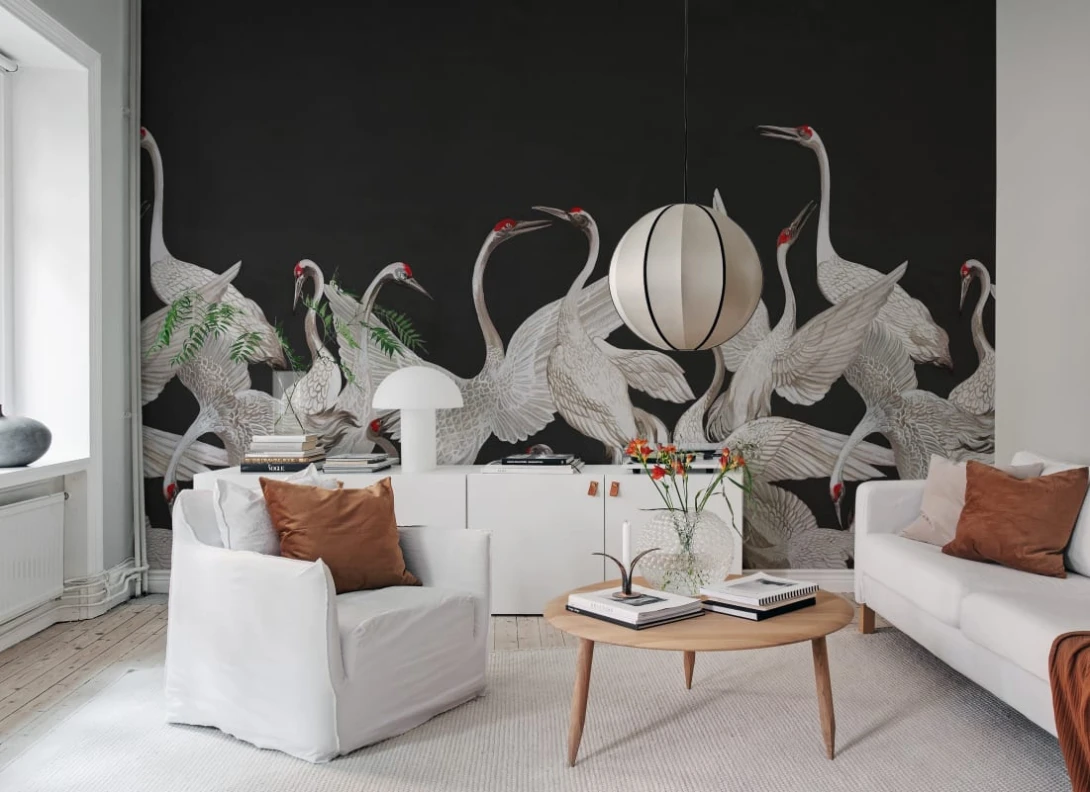 Rebel Walls R19921 Pops Soaring Cranes Black - mural w żurawie