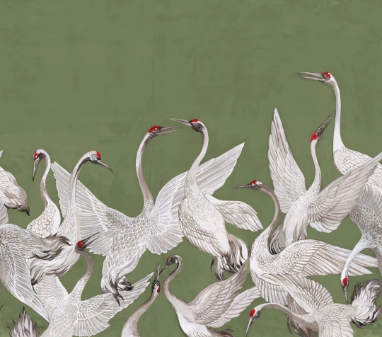 Rebel Walls R19924 Pops Soaring Cranes Green - mural w żurawie