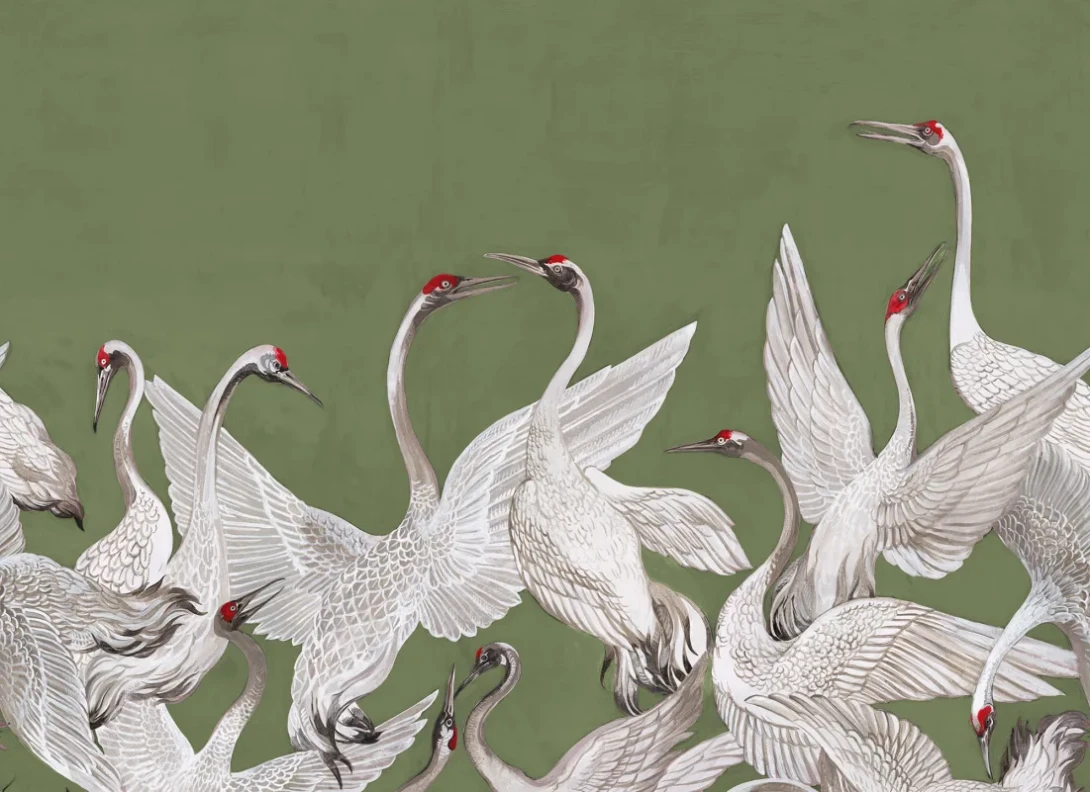 Rebel Walls R19924 Pops Soaring Cranes Green - mural w żurawie