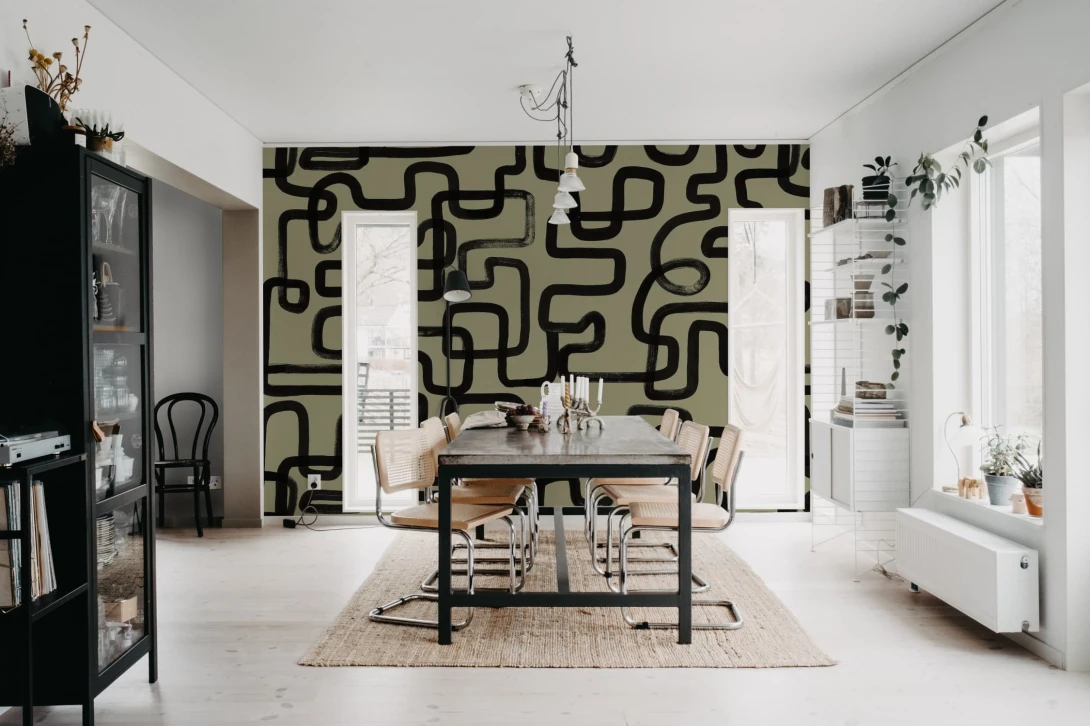 Rebel Walls R19956 Pops Artzy Lines Olive Green - mural w abstrakcyjne linie