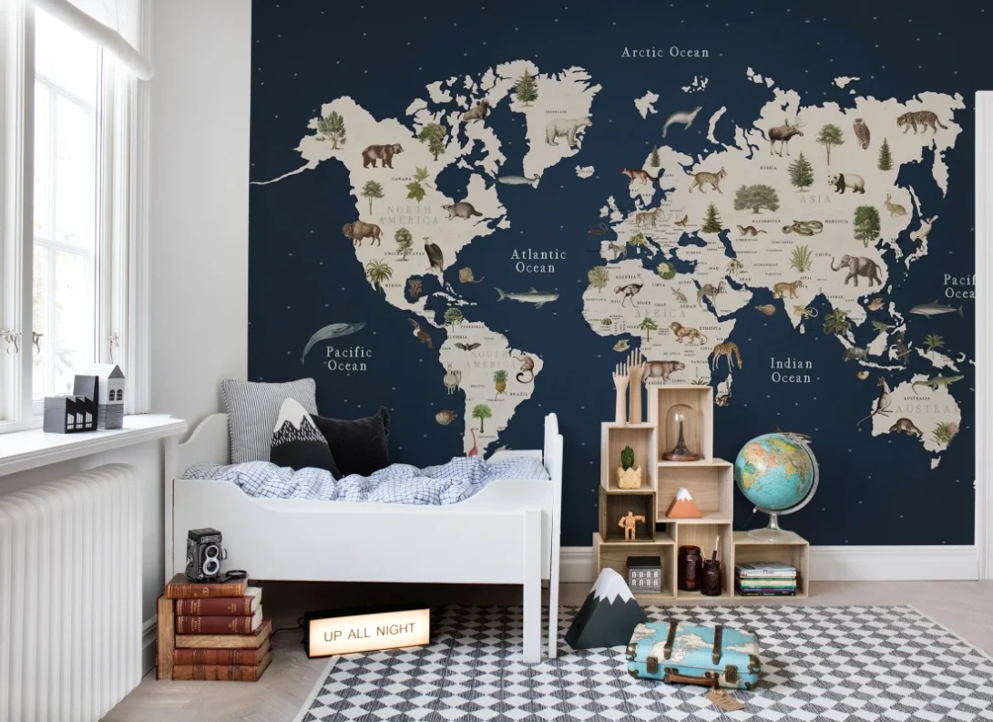 Rebel Walls R20048 Pops Animal World Midnight - mural dziecięcy w mapę świata ze zwierzętami