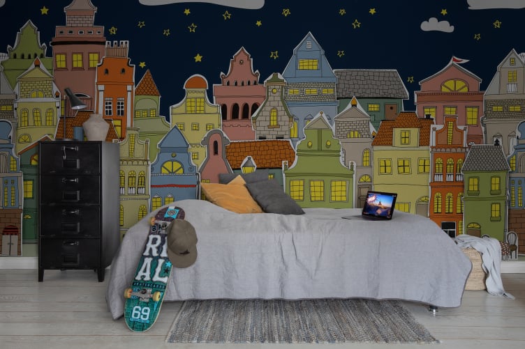 Rebel Walls R20166 Pops London Houses Night - mural dziecięcy w miasteczko