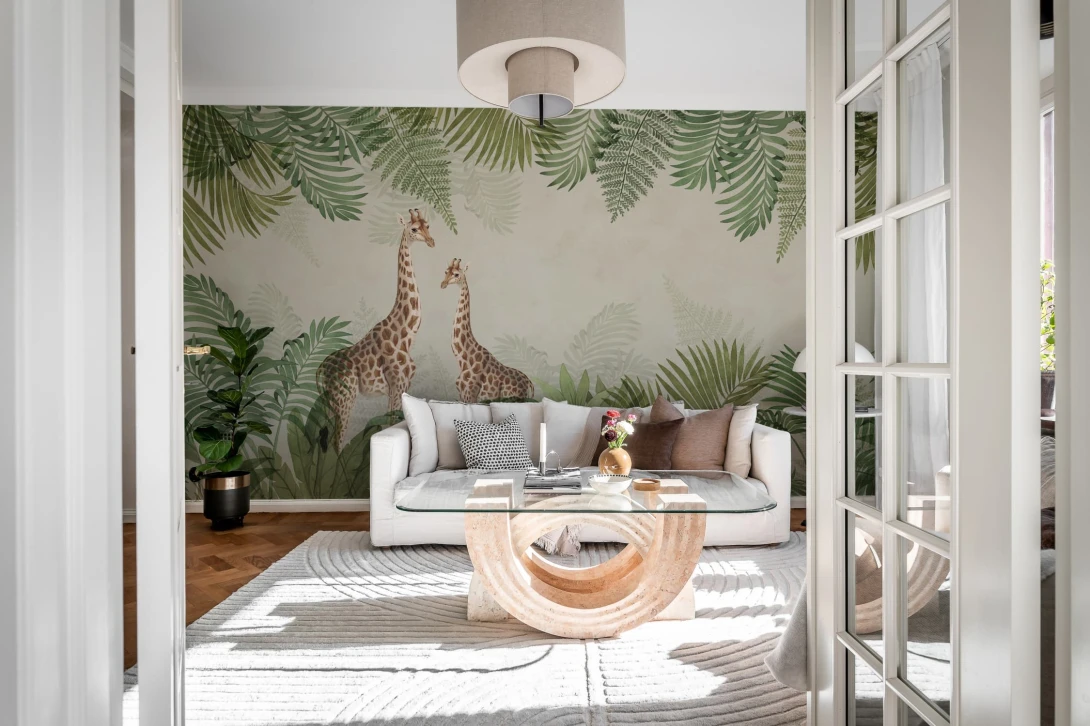 Rebel Walls R20188 Pops Palm Jungle Giraffe - mural w tropikalne liście i żyrafy