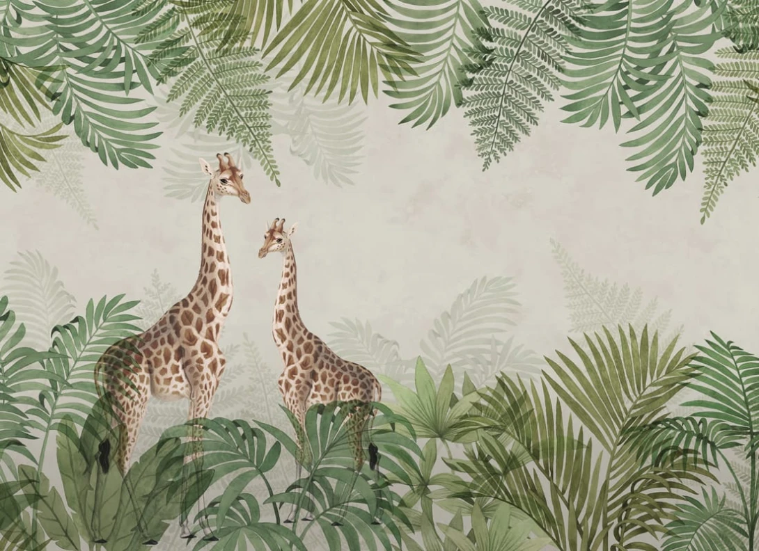 Rebel Walls R20188 Pops Palm Jungle Giraffe - mural w tropikalne liście i żyrafy