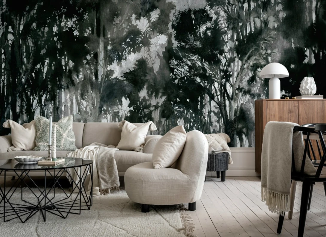 Rebel Walls R20250 Pops Painted Forest Black - mural w malarski las