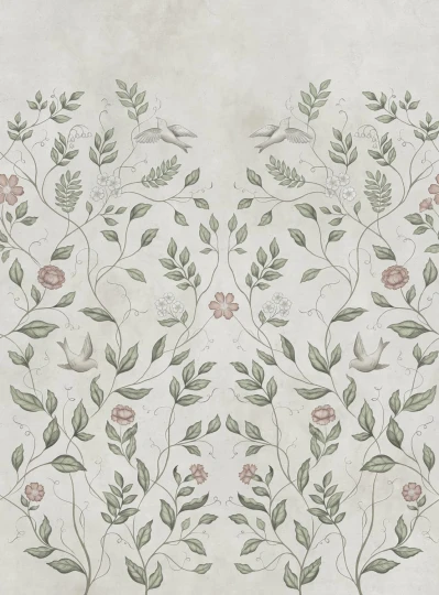 Rebel Walls R20367 Pops Serene Garden Beige - mural w rośliny i ptaki