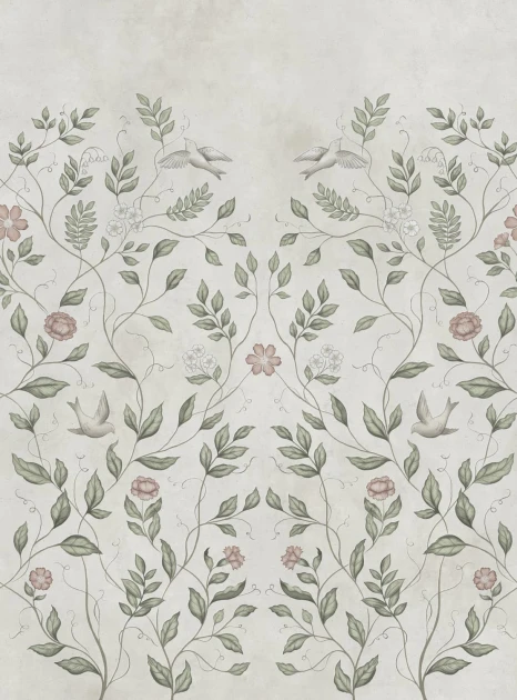 Rebel Walls R20367 Pops Serene Garden Beige - mural w rośliny i ptaki