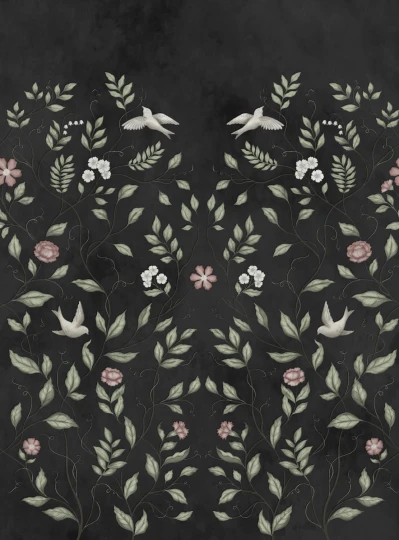 Rebel Walls R20369 Pops Serene Garden Black - mural w rośliny i ptaki
