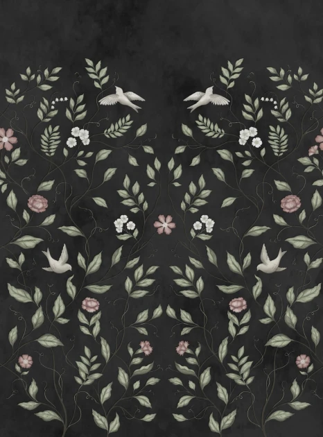 Rebel Walls R20369 Pops Serene Garden Black - mural w rośliny i ptaki