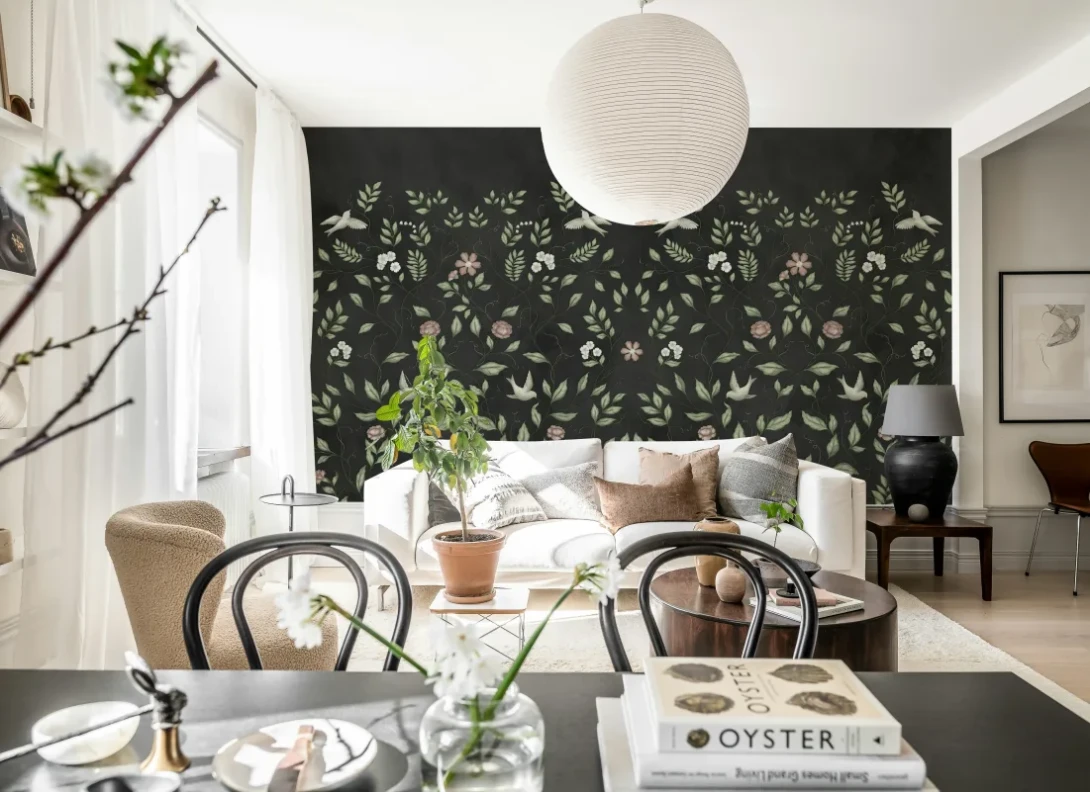 Rebel Walls R20369 Pops Serene Garden Black - mural w rośliny i ptaki
