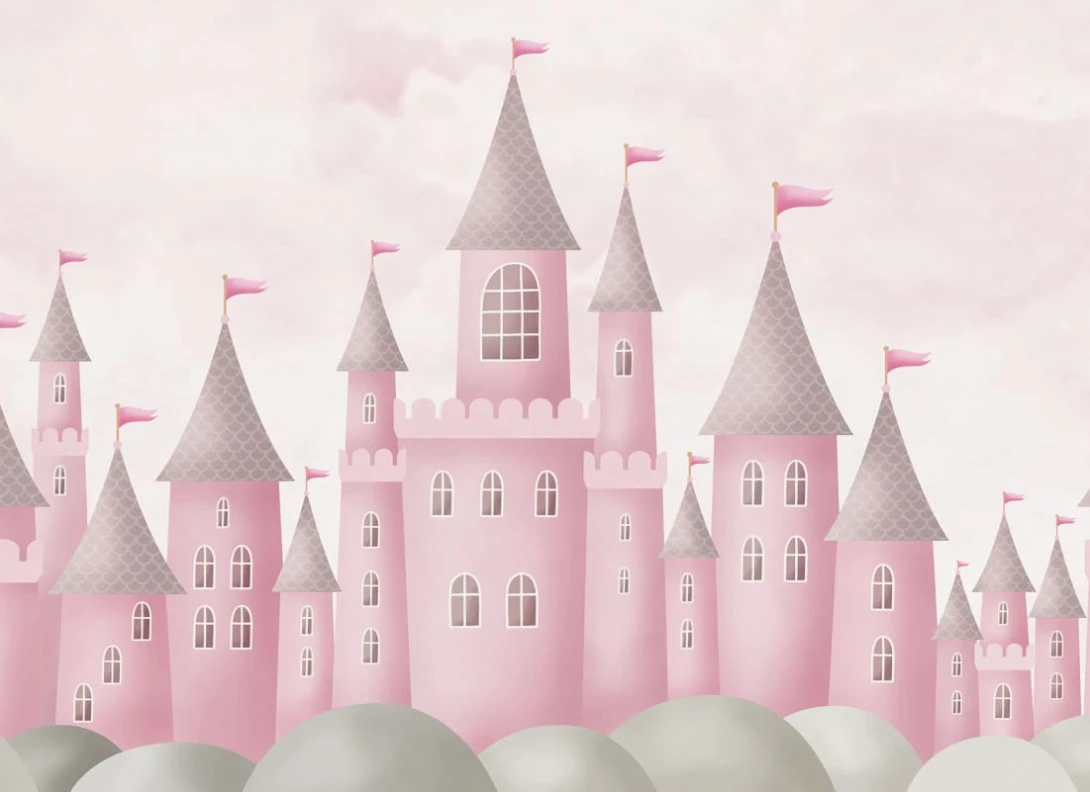 Rebel Walls R20434 Pops Castle Village Pink - mural dziecięcy w zamki