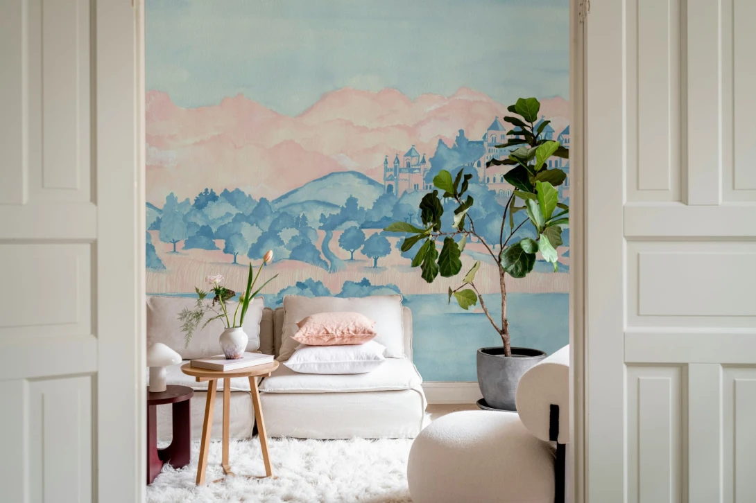 Rebel Walls R20437 Pops Castle By The Lake Pink & Blue - mural dziecięcy w pejzaż z zamkiem