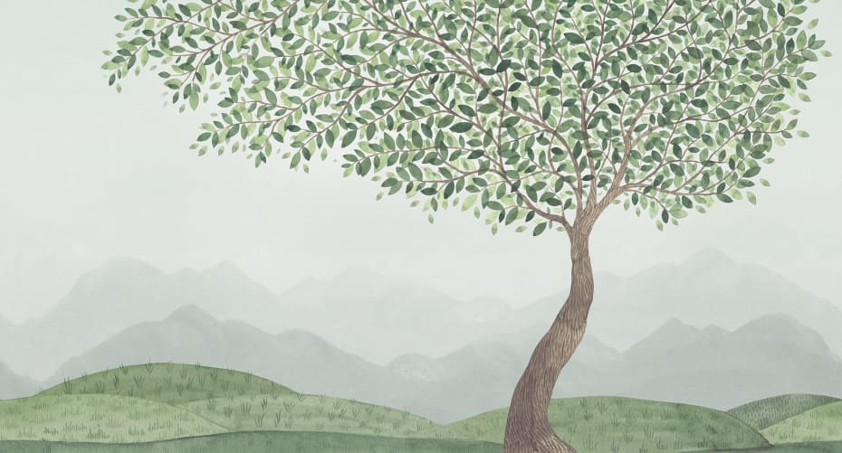 Rebel Walls R20438 Pops Mountain Tree Green - mural dziecięcy w drzewo i góry