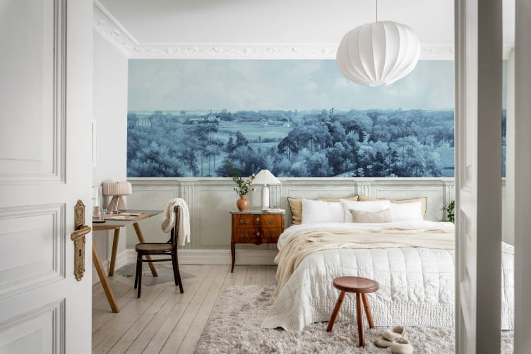 Rebel Walls R20442 Pops Panorama Views Vintage Blue - mural w pejzaż z lamperią