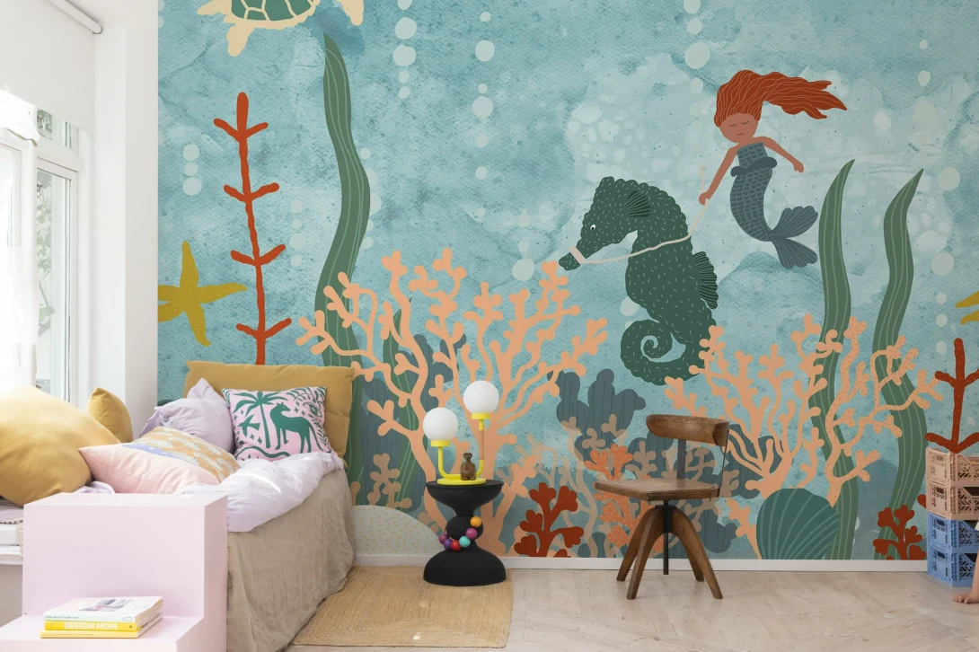 Rebel Walls R20457 Pops Mermaid World Blue - mural dziecięcy w rafę koralową i syrenkę
