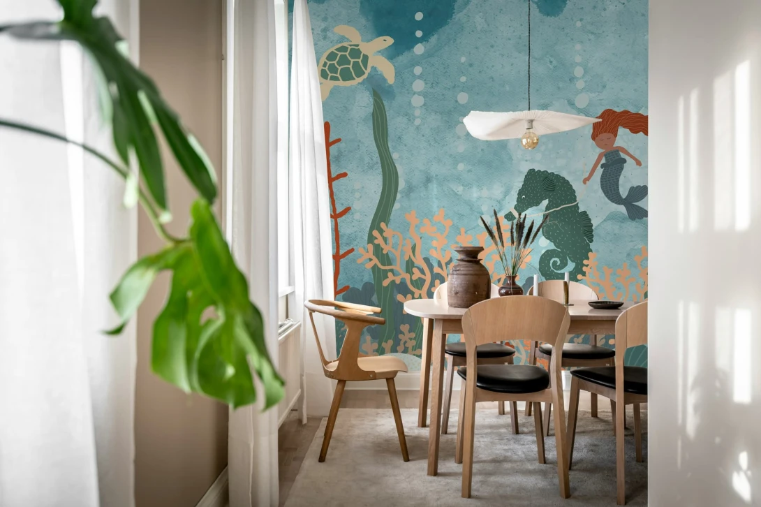 Rebel Walls R20457 Pops Mermaid World Blue - mural dziecięcy w rafę koralową i syrenkę