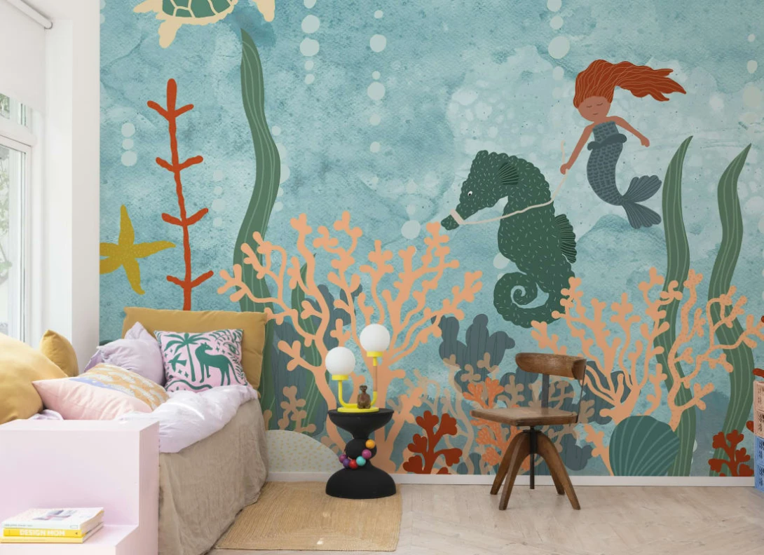 Rebel Walls R20457 Pops Mermaid World Blue - mural dziecięcy w rafę koralową i syrenkę