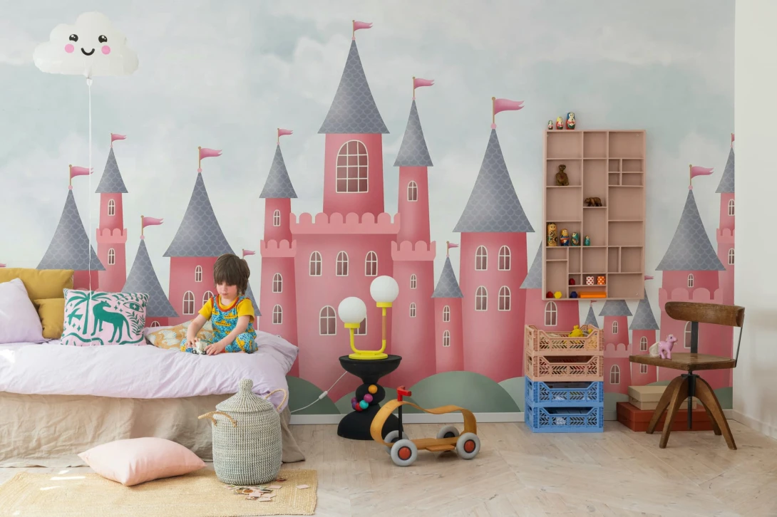 Rebel Walls R20487 Pops Castle Village Coral - mural dziecięcy w zamki