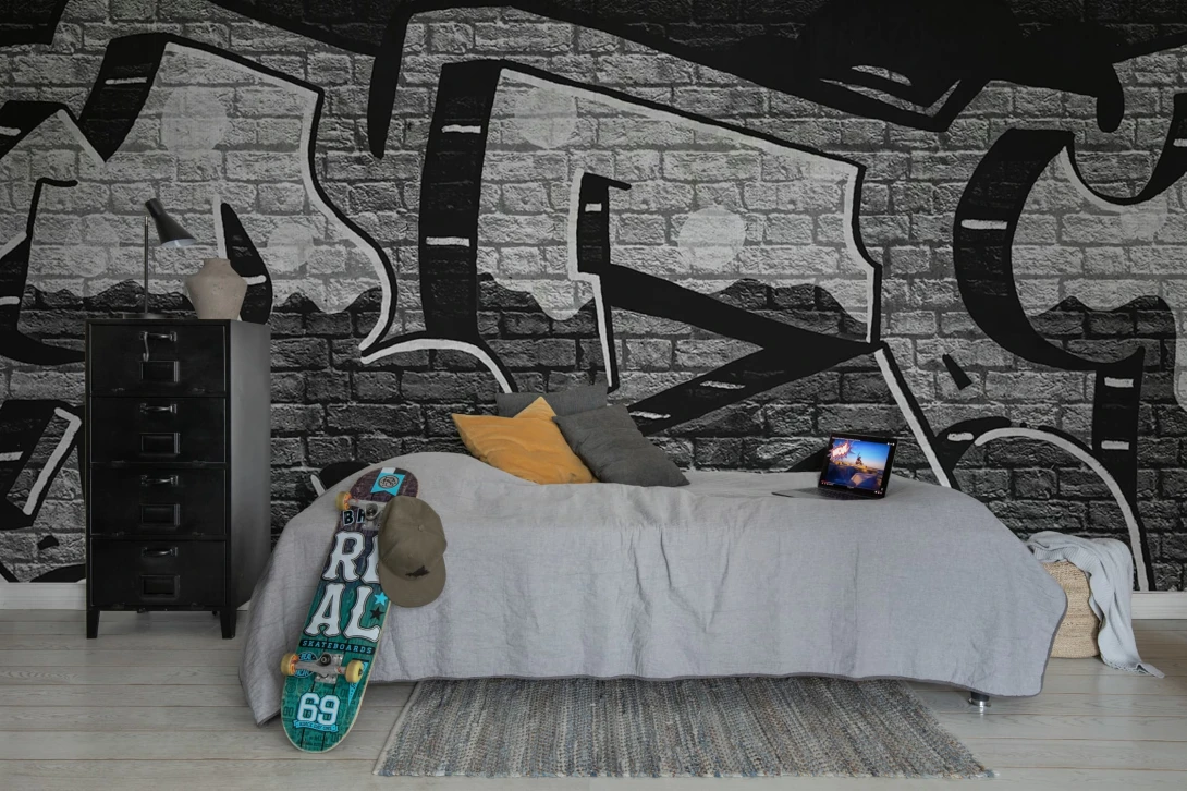 Rebel Walls R20668 Pops Rebel Graffiti Bold Gray - mural w graffiti i cegły