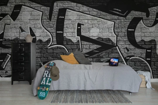 Rebel Walls R20668 Pops Rebel Graffiti Bold Gray - mural w graffiti i cegły