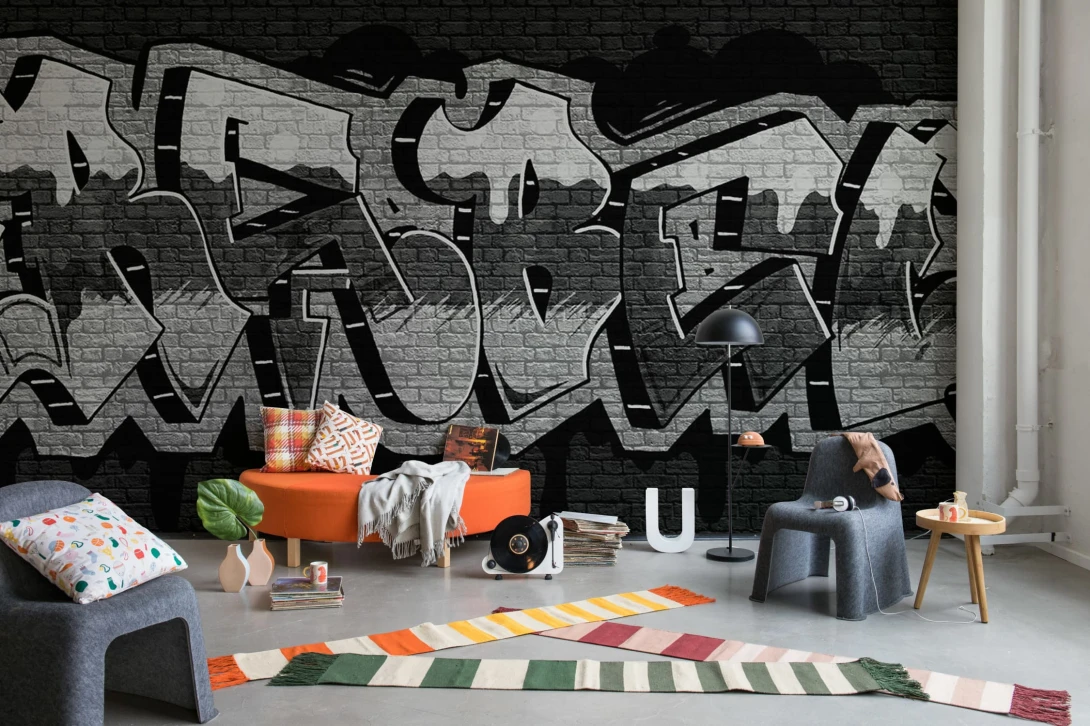 Rebel Walls R20669 Pops Rebel Graffiti Black - mural w graffiti i cegły