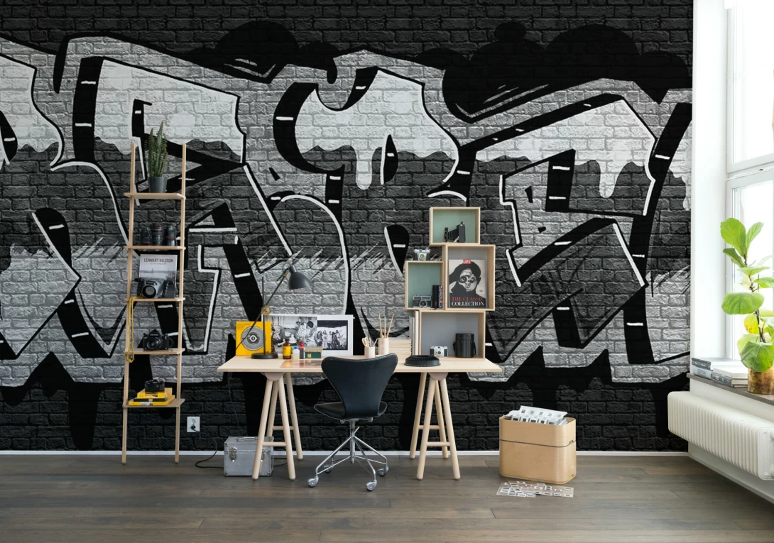 Rebel Walls R20669 Pops Rebel Graffiti Black - mural w graffiti i cegły