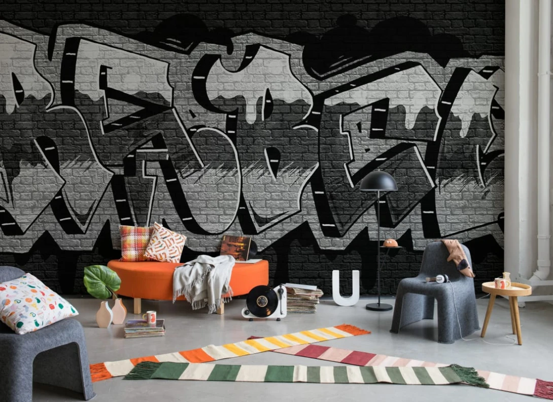 Rebel Walls R20669 Pops Rebel Graffiti Black - mural w graffiti i cegły