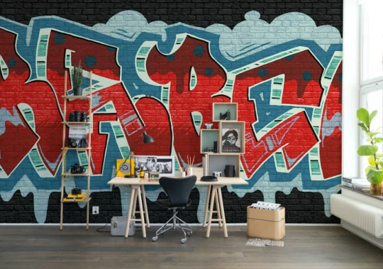 Rebel Walls R20670 Pops Rebel Graffiti Red - mural w graffiti i cegły